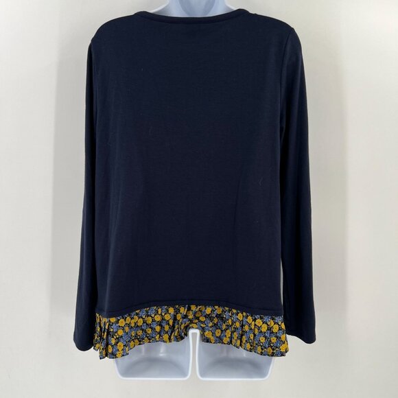J.Crew M Mixed-Media Top Navy Knit Floral Pleated Hem Long Sleeve Sweater - Picture 2 of 8